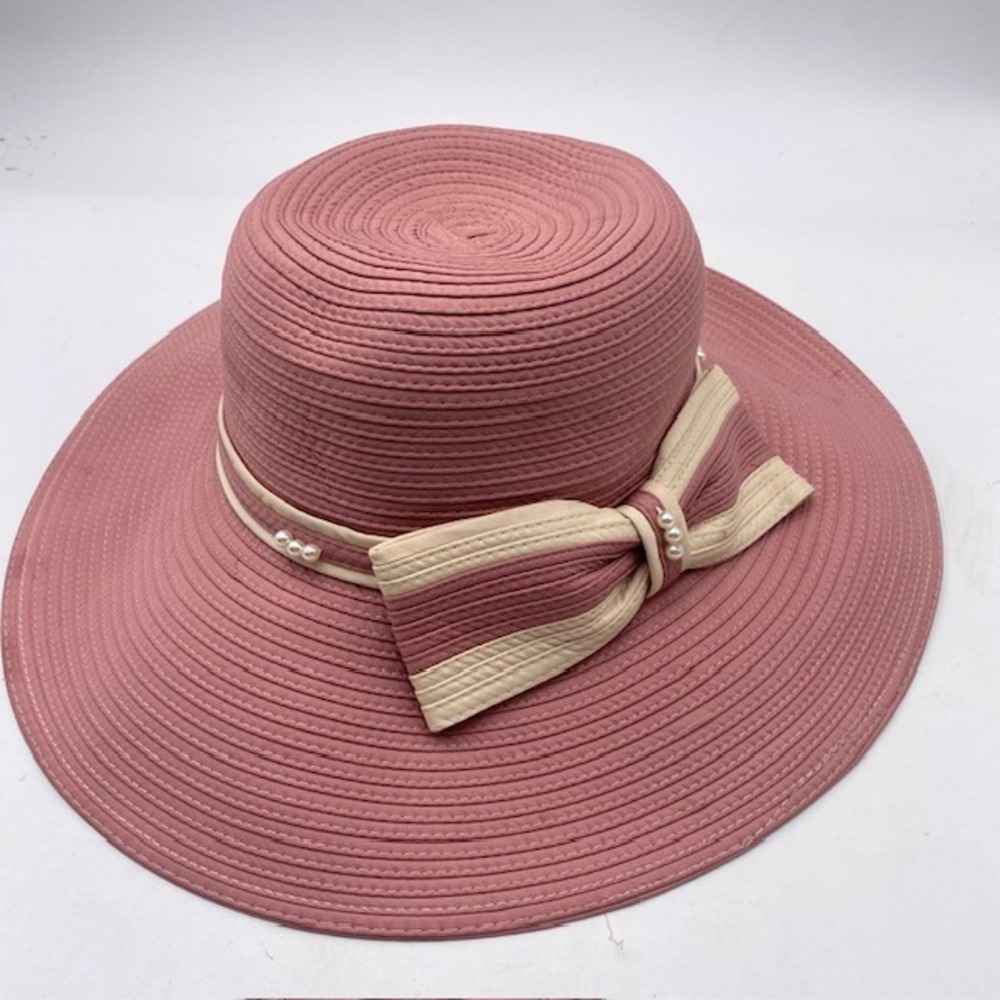 Unbranded Wide‎ Brim Sun Hat Women Medium Pink Faux Pearl Bow Straw Summer Beach